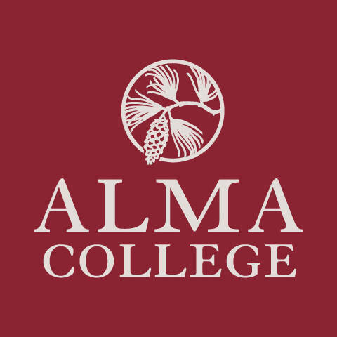 Alma college logo on red background